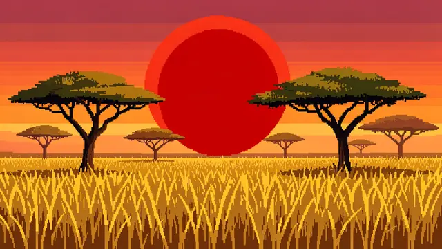 Retro pixel art of a savanna with flat-topped acacia trees, golden grass and a huge red setting sun
