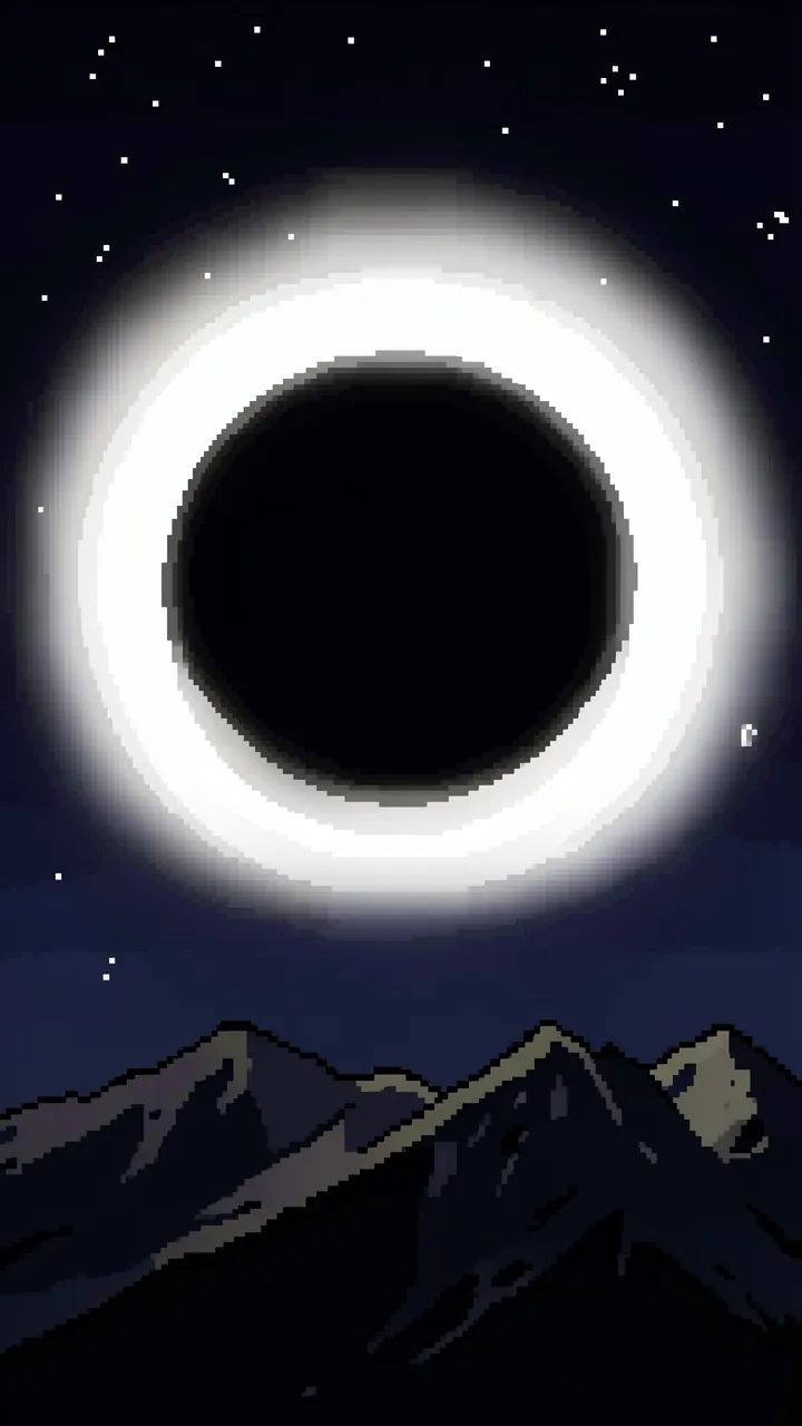 Pixel art view of a glowing total solar eclipse above a dark mountain ridge under a starry night sky