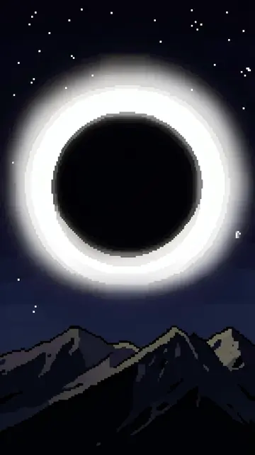 Pixel art view of a glowing total solar eclipse above a dark mountain ridge under a starry night sky