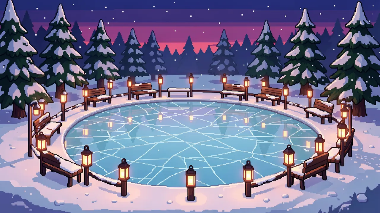 Pixel art of a frozen skating ring lined with glowing lanterns, snowy benches and pine trees at dusk