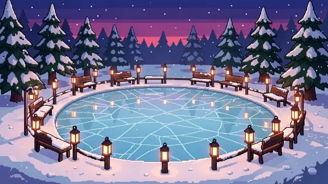 Pixel art of a frozen skating ring lined with glowing lanterns, snowy benches and pine trees at dusk