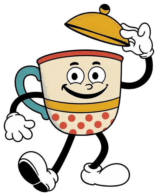 Retro rubber hose cartoon coffee cup mascot walking while tipping its lid as a hat