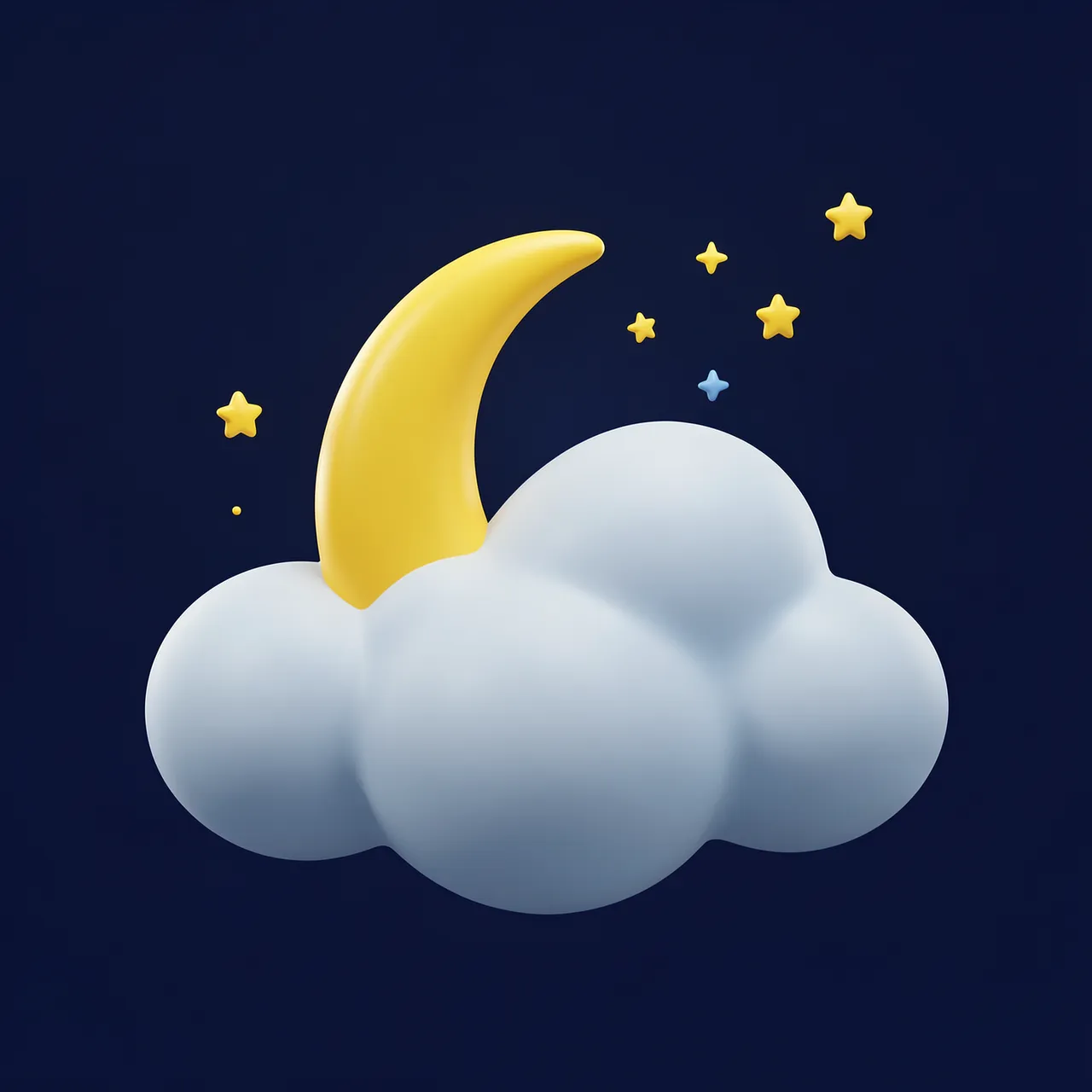 Smooth 3D crescent moon peeking behind a puffy cloud with scattered stars against a dark night sky