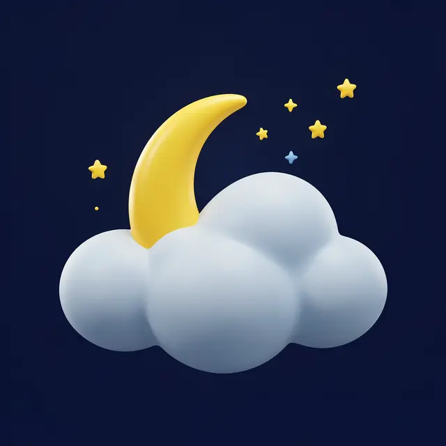 Smooth 3D crescent moon peeking behind a puffy cloud with scattered stars against a dark night sky