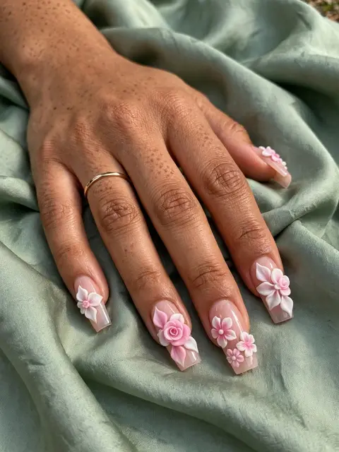 A Latina woman's hand with 3D pink and white gel nail art rests on sage green silk fabric