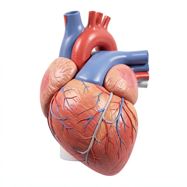 Glossy 3D render of a human heart anatomical model set against a plain white background