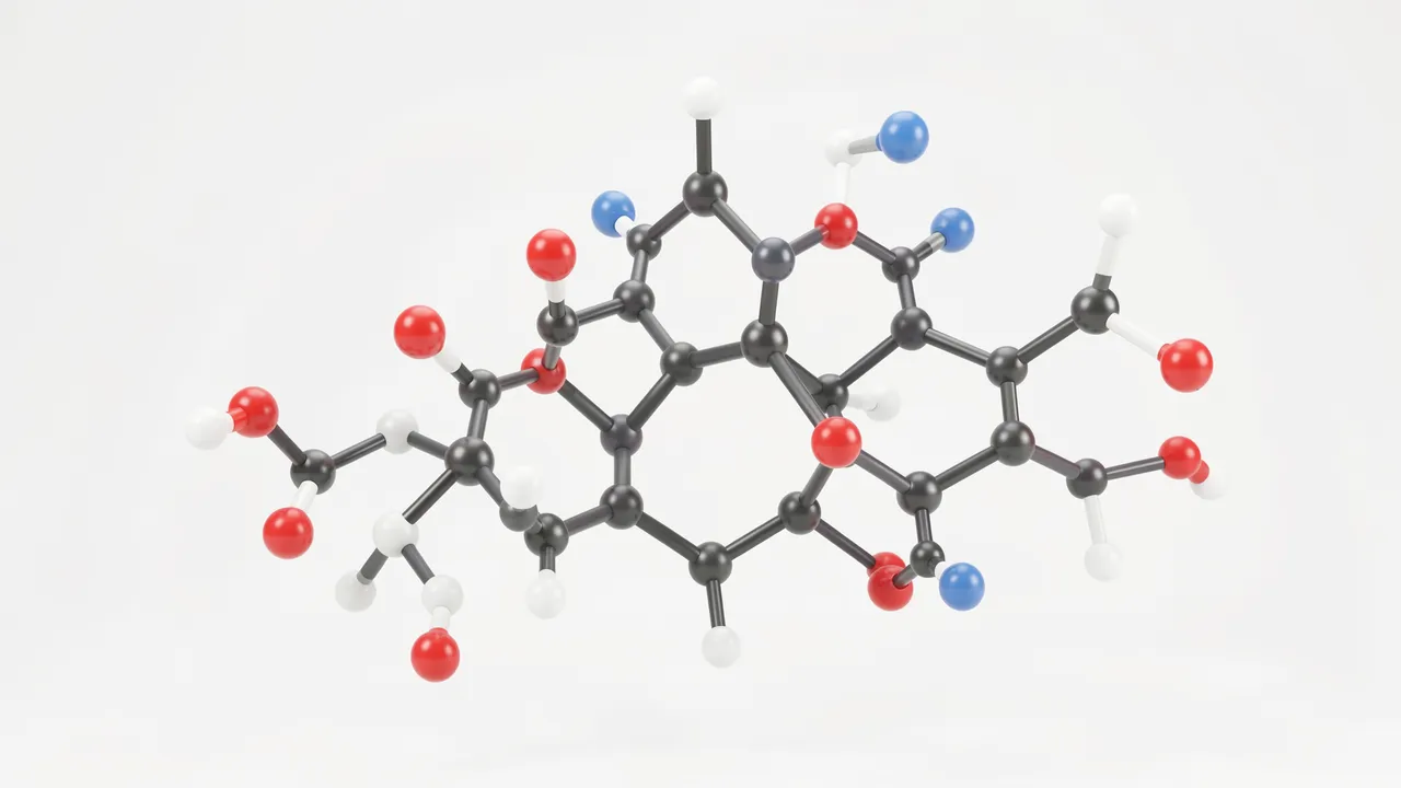 Ball-and-stick molecular model with colored atoms floating against a plain light gray background