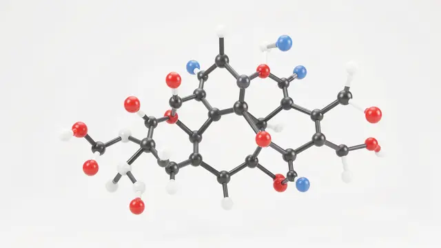 Ball-and-stick molecular model with colored atoms floating against a plain light gray background