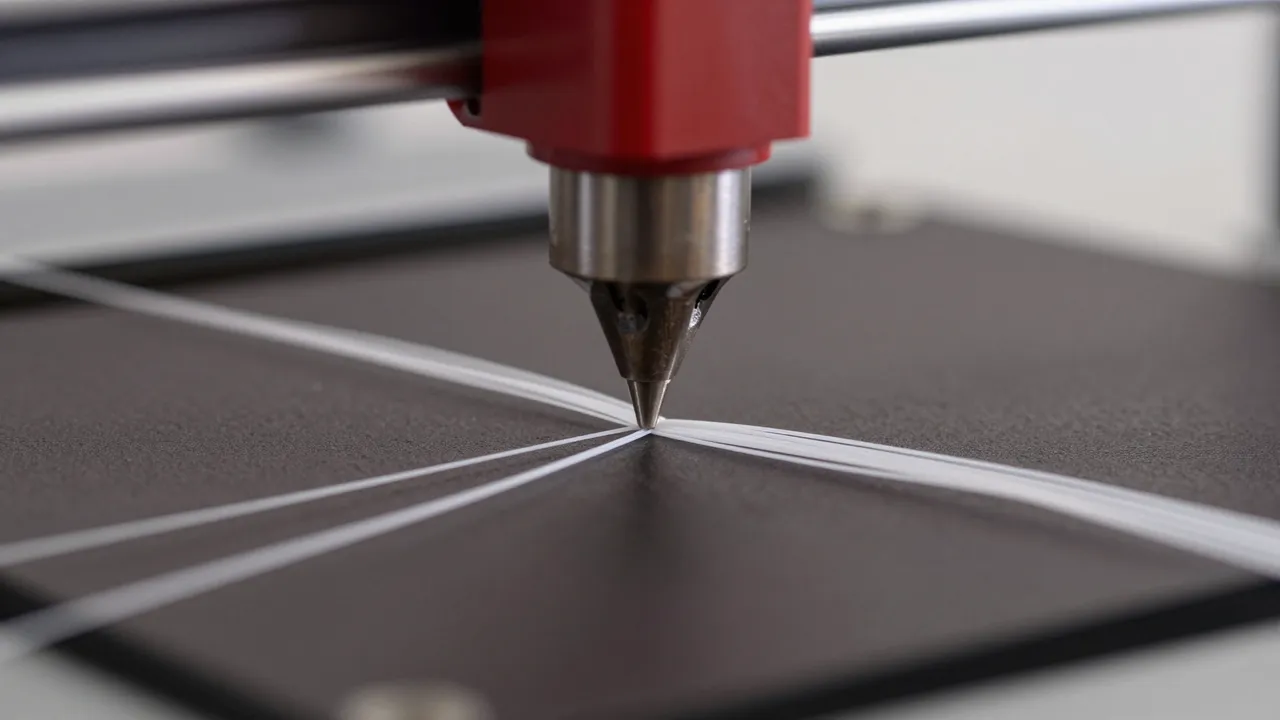 Close-up macro view of a 3D printer nozzle laying thin white filament onto a dark print bed