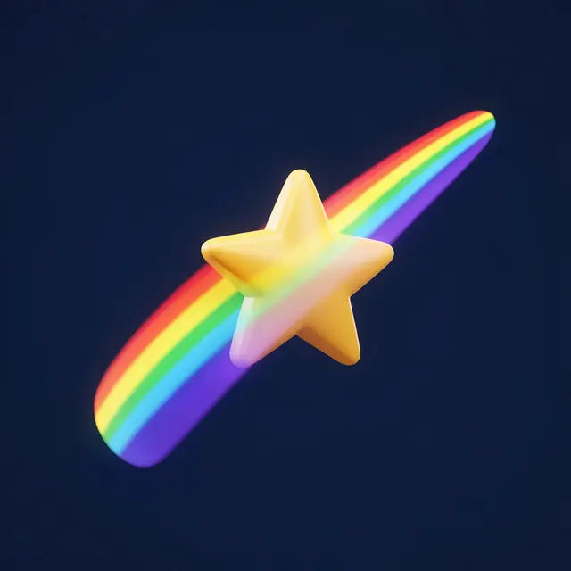 A glossy yellow 3D shooting star with a rainbow trail floats against a dark navy blue background