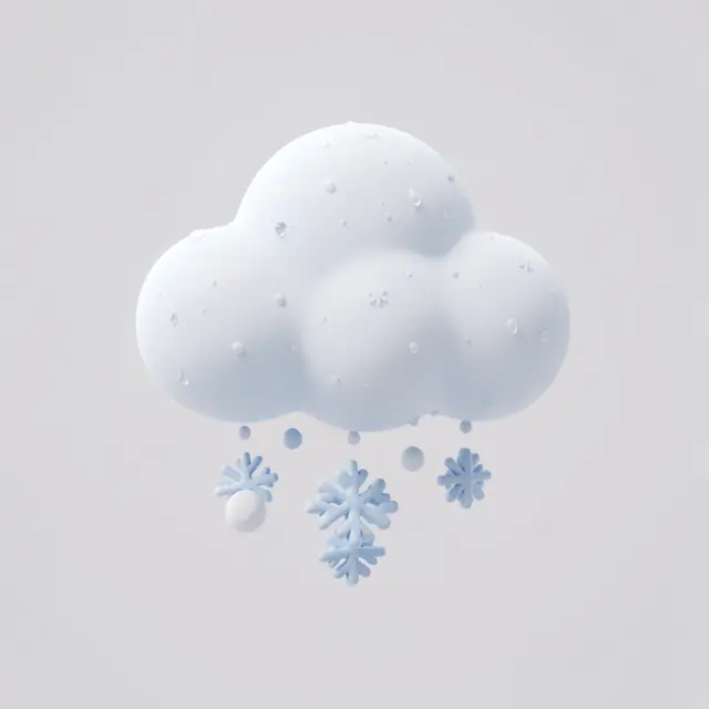 Soft rounded 3D snow cloud with pale blue snowflakes floating on a light gray background