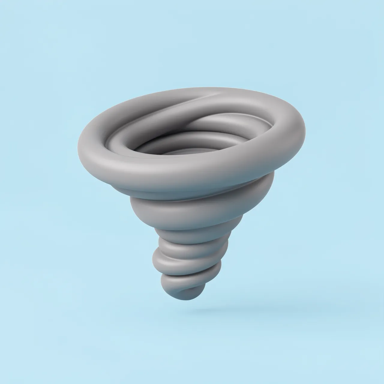 Smooth rounded 3D tornado swirl icon rendered in soft gray against a pale blue background