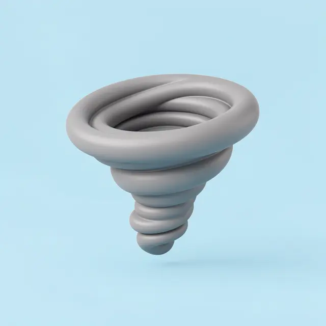 Smooth rounded 3D tornado swirl icon rendered in soft gray against a pale blue background