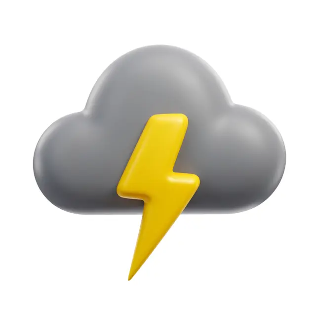 Smooth rounded gray 3D storm cloud with a bright yellow lightning bolt against a plain white background