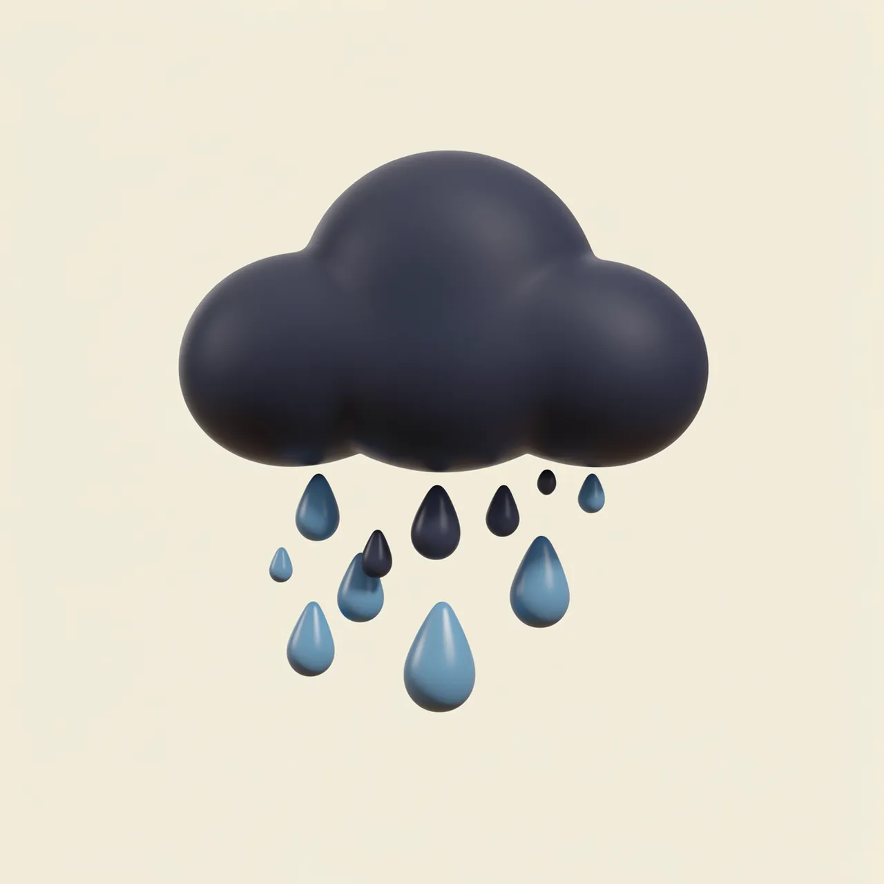 Smooth rounded 3D dark cloud with falling raindrops on a pale cream background