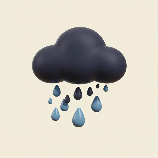 Smooth rounded 3D dark cloud with falling raindrops on a pale cream background
