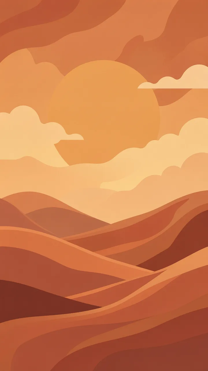Stylized retro illustration of a large sun above layered terracotta desert hills and soft clouds
