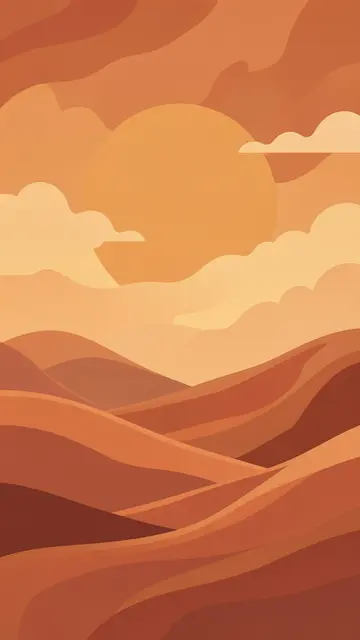 Stylized retro illustration of a large sun above layered terracotta desert hills and soft clouds