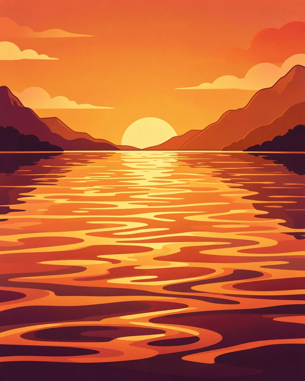 Stylized retro illustration of a warm orange sunset reflecting in rippled lake water between mountain ranges