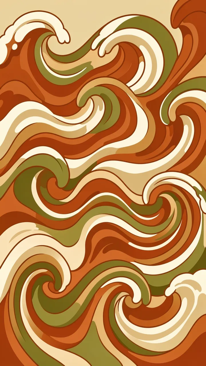 Vertical retro 1970s style illustration of swirling rolling waves in burnt orange, cream, and olive tones