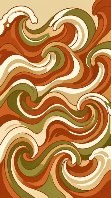 Vertical retro 1970s style illustration of swirling rolling waves in burnt orange, cream, and olive tones