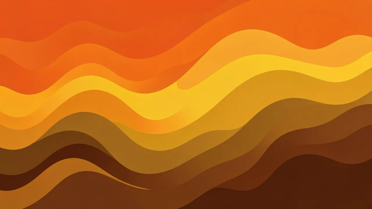 Smooth layered wavy bands in warm orange, yellow, and brown retro 1970s hues fill the frame