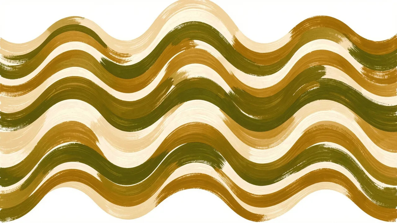 Hand-painted rippling wavy stripes in olive green, harvest gold and cream against a white background