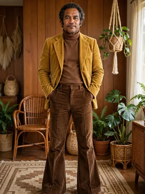 Middle aged Pacific Islander man in vintage corduroy clothing stands in a retro wood paneled living room with houseplants