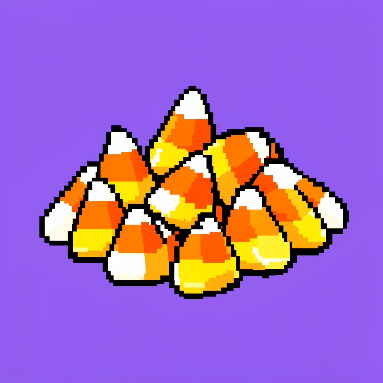 Pixel art pile of tri-color candy corn set against a solid purple background