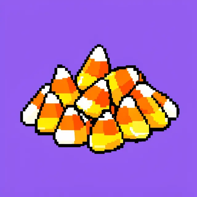 Pixel art pile of tri-color candy corn set against a solid purple background