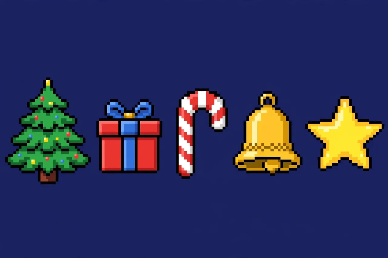 Row of retro pixel art Christmas icons on a solid navy blue background