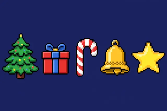 Row of retro pixel art Christmas icons on a solid navy blue background