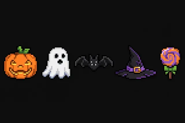 Row of retro pixel art Halloween icons against a solid black background