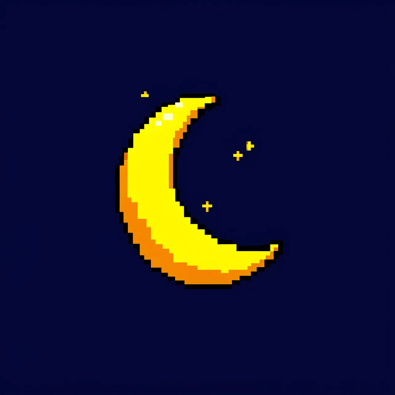 Pixel art yellow crescent moon with tiny sparkle stars on a deep navy background