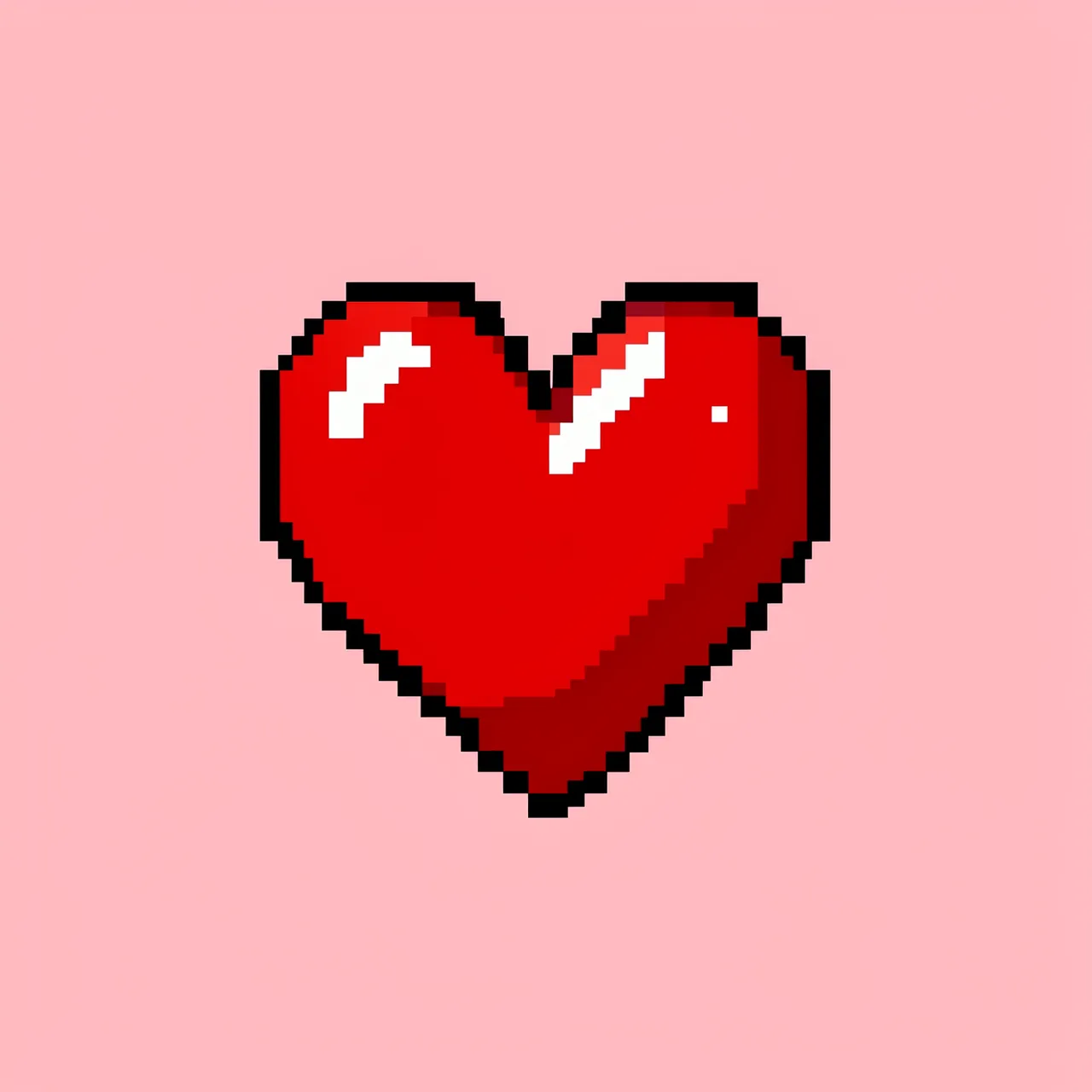 A glossy pixel art red heart with white highlights centered on a soft pink background