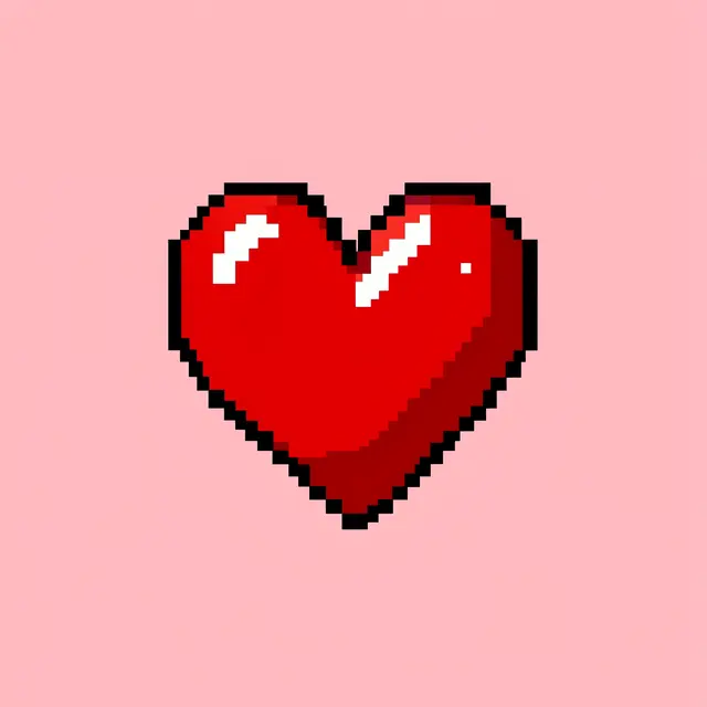 A glossy pixel art red heart with white highlights centered on a soft pink background