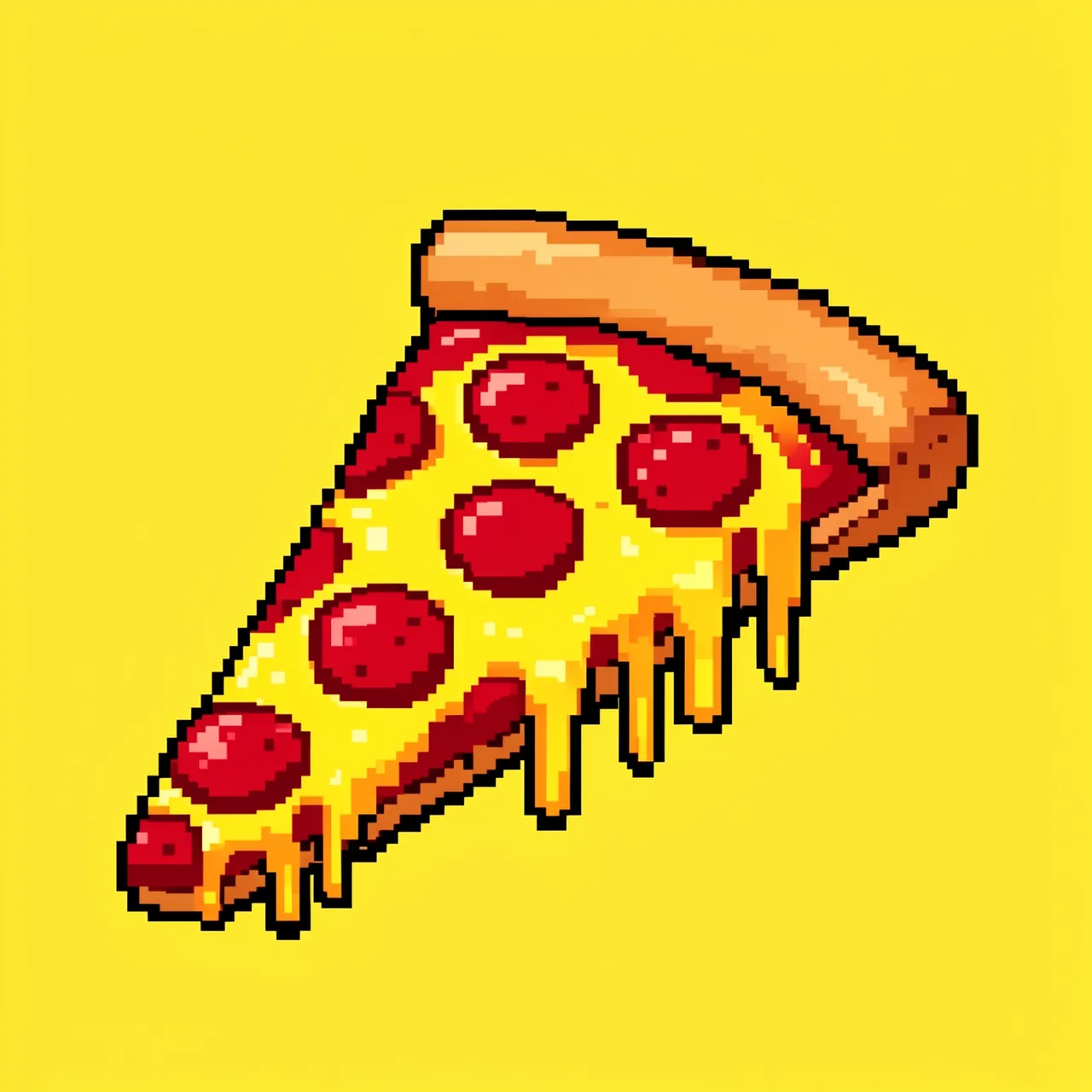 Retro pixel art pepperoni pizza slice with dripping melted cheese on a solid yellow background