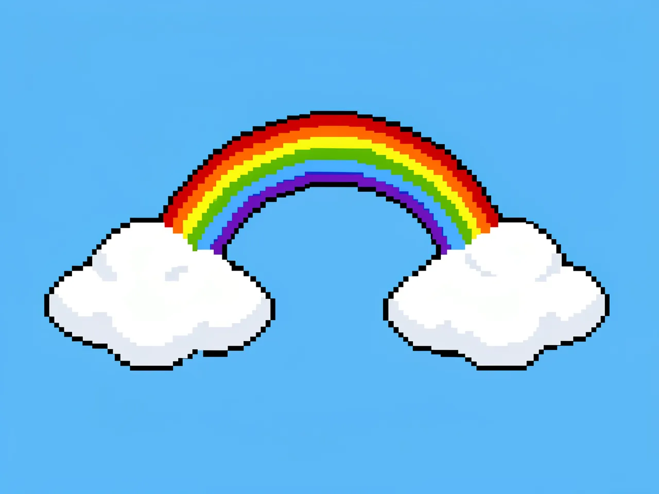 Retro pixel art rainbow arching between two fluffy white clouds on a solid sky blue background