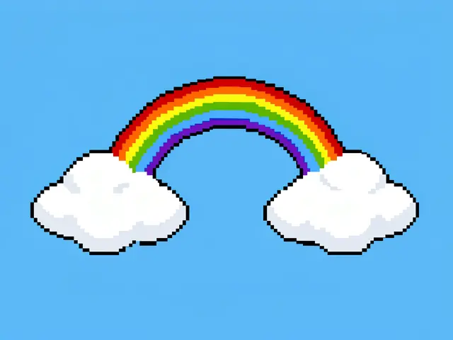 Retro pixel art rainbow arching between two fluffy white clouds on a solid sky blue background