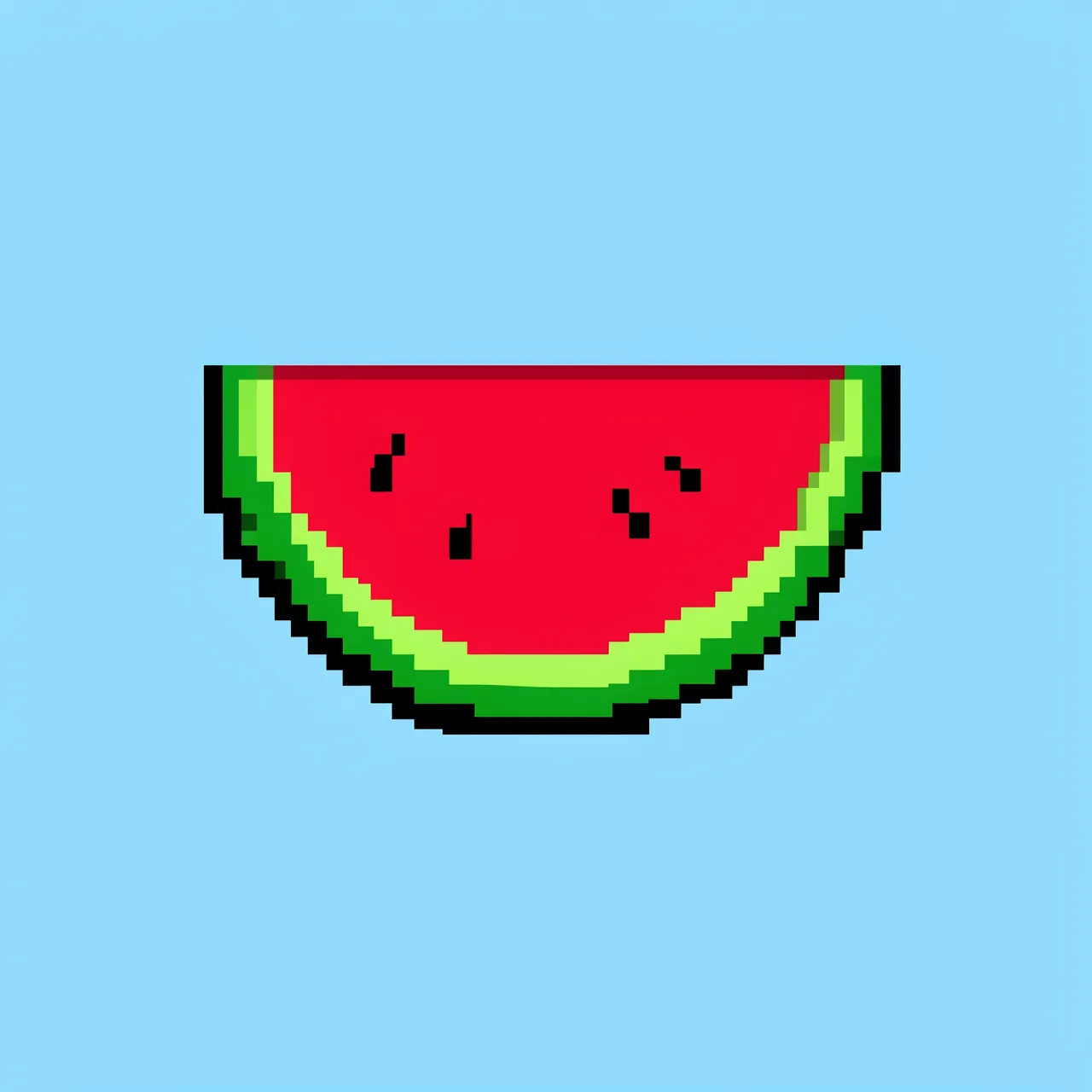 A retro pixel art watermelon slice with green rind and black seeds sits on a solid light blue background