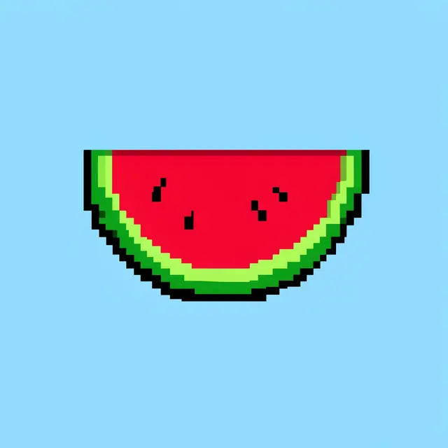 A retro pixel art watermelon slice with green rind and black seeds sits on a solid light blue background