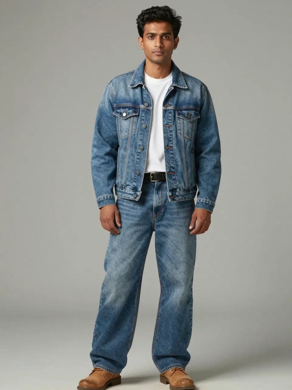 South Asian man in his late twenties stands wearing a 90s style denim jacket, white tee, baggy jeans and tan boots against a