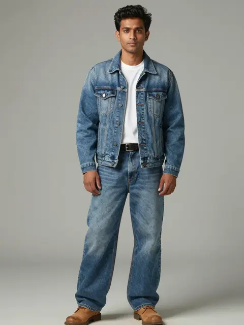 South Asian man in his late twenties stands wearing a 90s style denim jacket, white tee, baggy jeans and tan boots against a