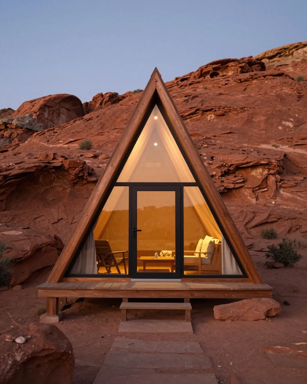 Warm glowing light spills from the glass front of an A-frame cabin set among red desert rock formations at twilight