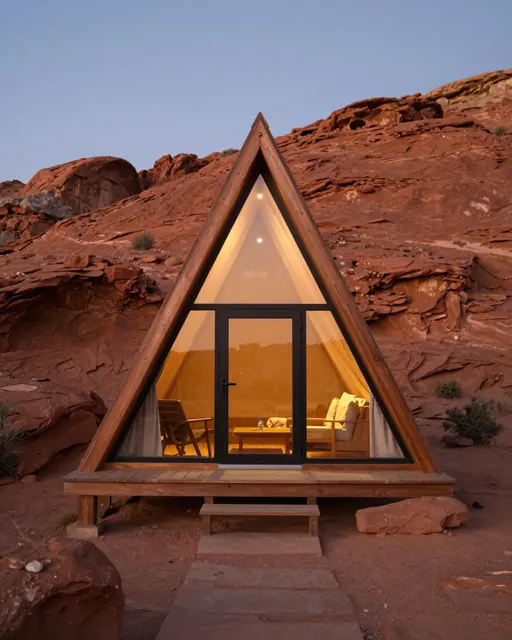 Warm glowing light spills from the glass front of an A-frame cabin set among red desert rock formations at twilight