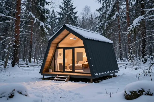 Lit modern A-frame cabin sits in a snow-covered evergreen forest at pale dusk
