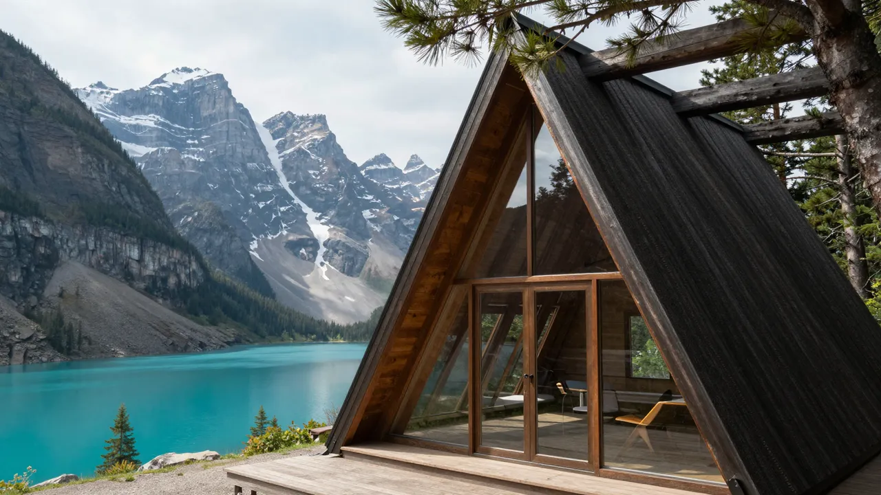 Modern A-frame cabin with floor-to-ceiling glass overlooks a turquoise alpine lake and snow-dusted peaks