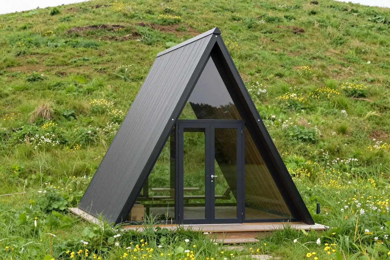 Dark modern A-frame cabin with glazed front sits on a grassy summer hillside dotted with wildflowers