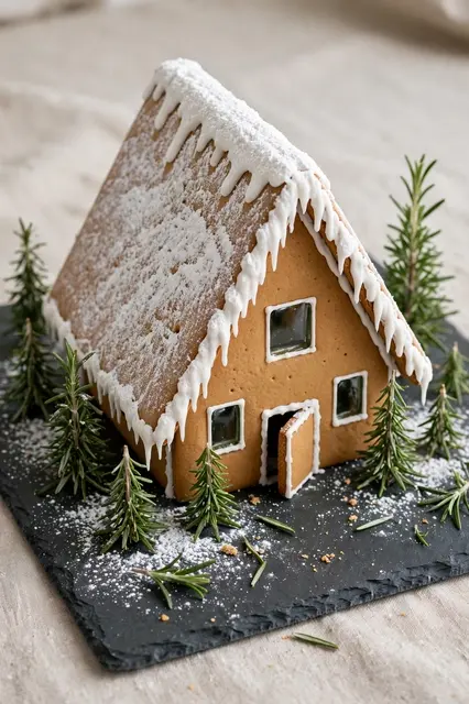 Modern A-frame gingerbread house with icing snow and rosemary trees on a slate board