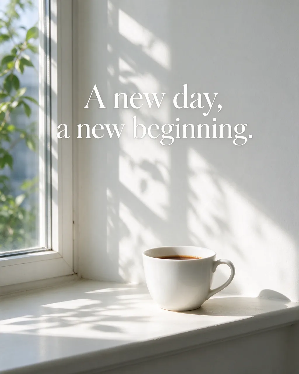 A white coffee cup rests on a sunny windowsill with the quote "A new day, a new beginning." over bright leaf shadowed wall